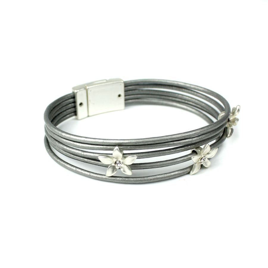 Multi-strand metallic grey leather bracelet