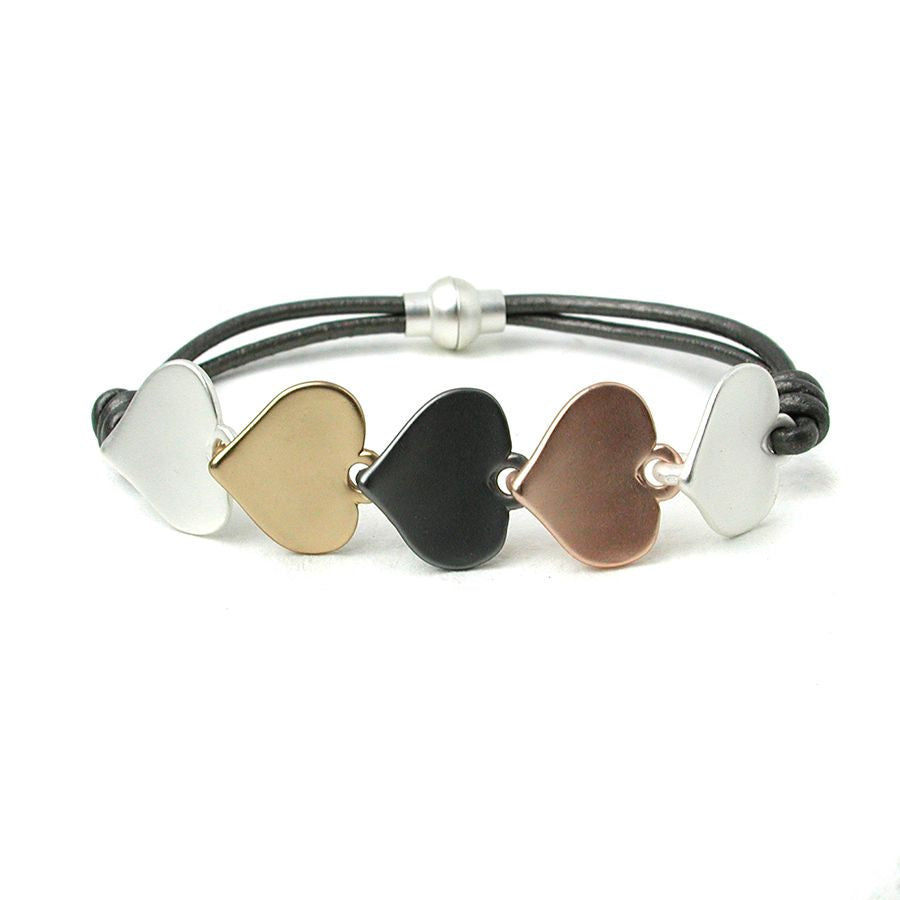 Metallic grey leather bracelet with 5 linked hearts in mixed metal finishes