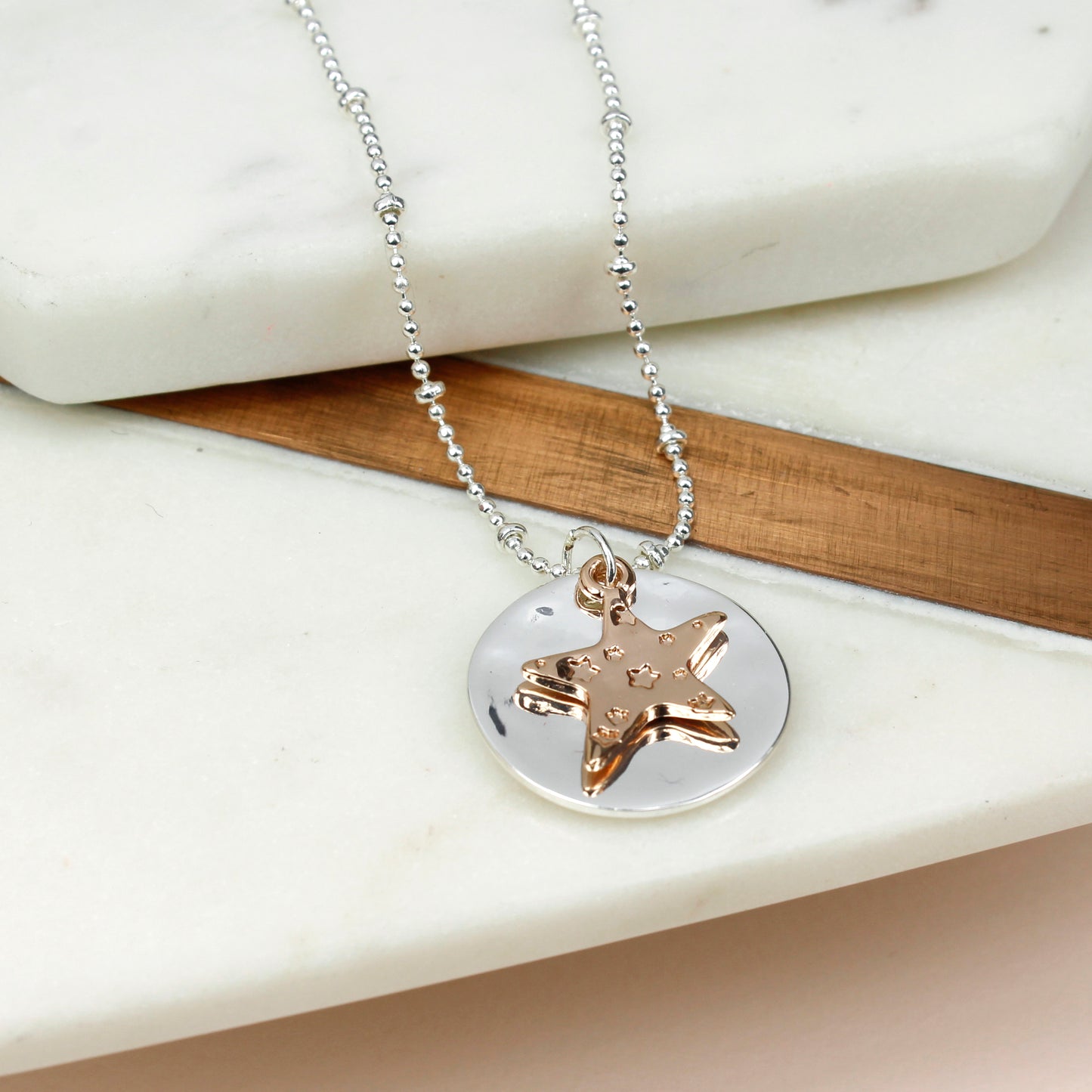 Silver Disc Rose Gold Star Necklace