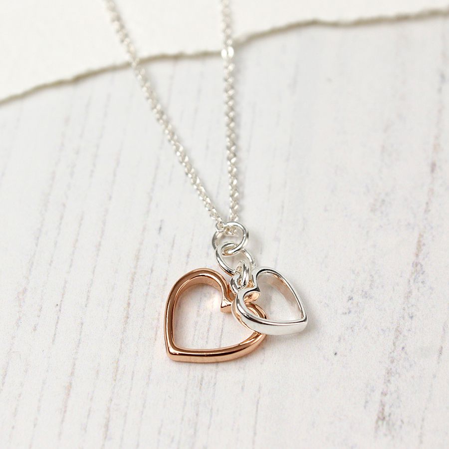 Silver plated fine chain necklace with double open hearts
