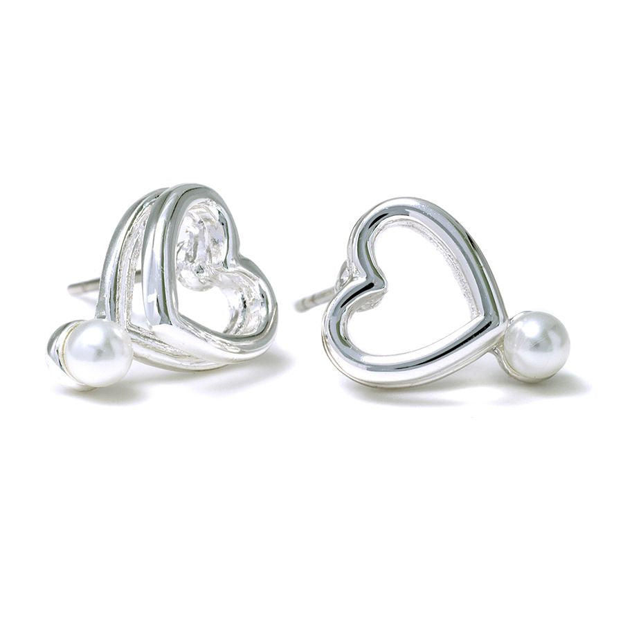 Double layer heart stud earrings with white faux pearls.
