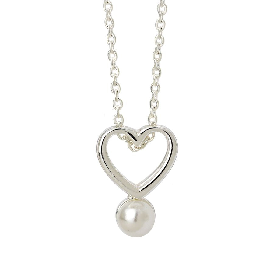 Fine chain silver plated necklace with a double layer open heart and a single white faux pearl