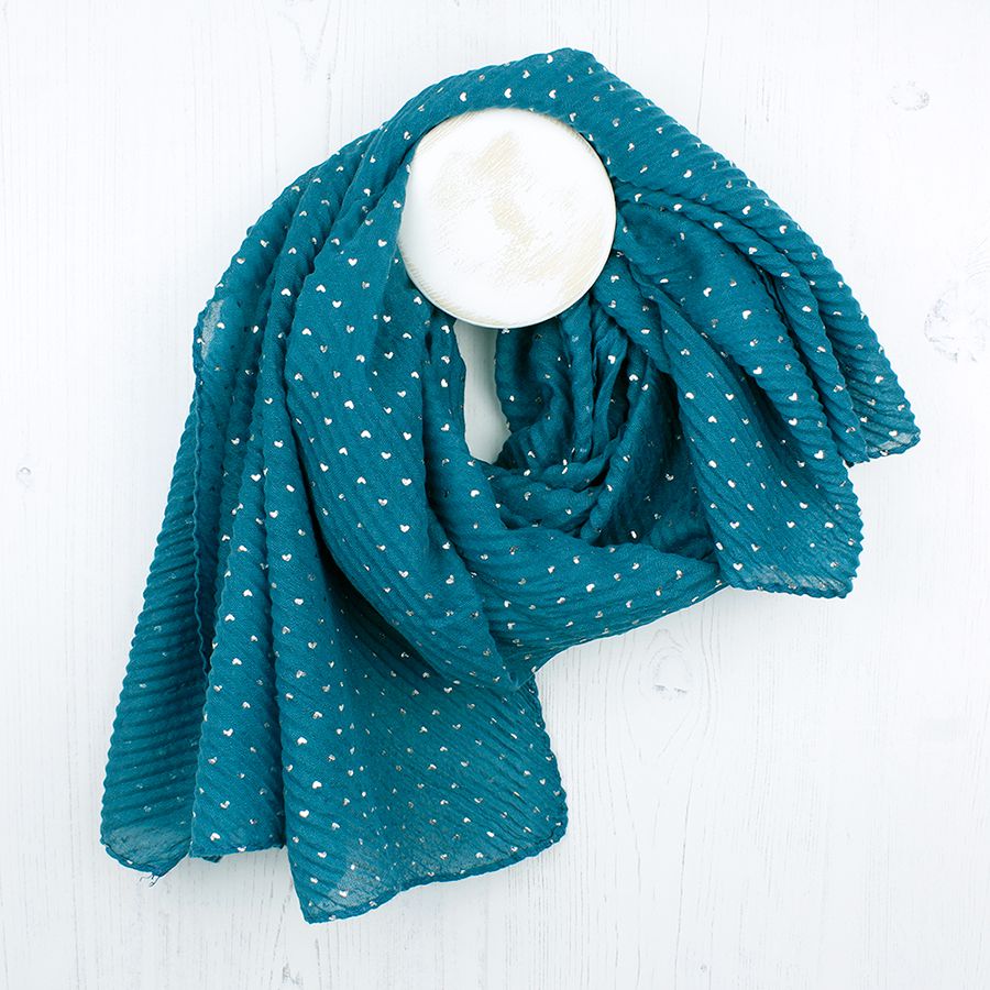 Pretty teal blue crinkle texture scarf with silver foil mini hearts detail