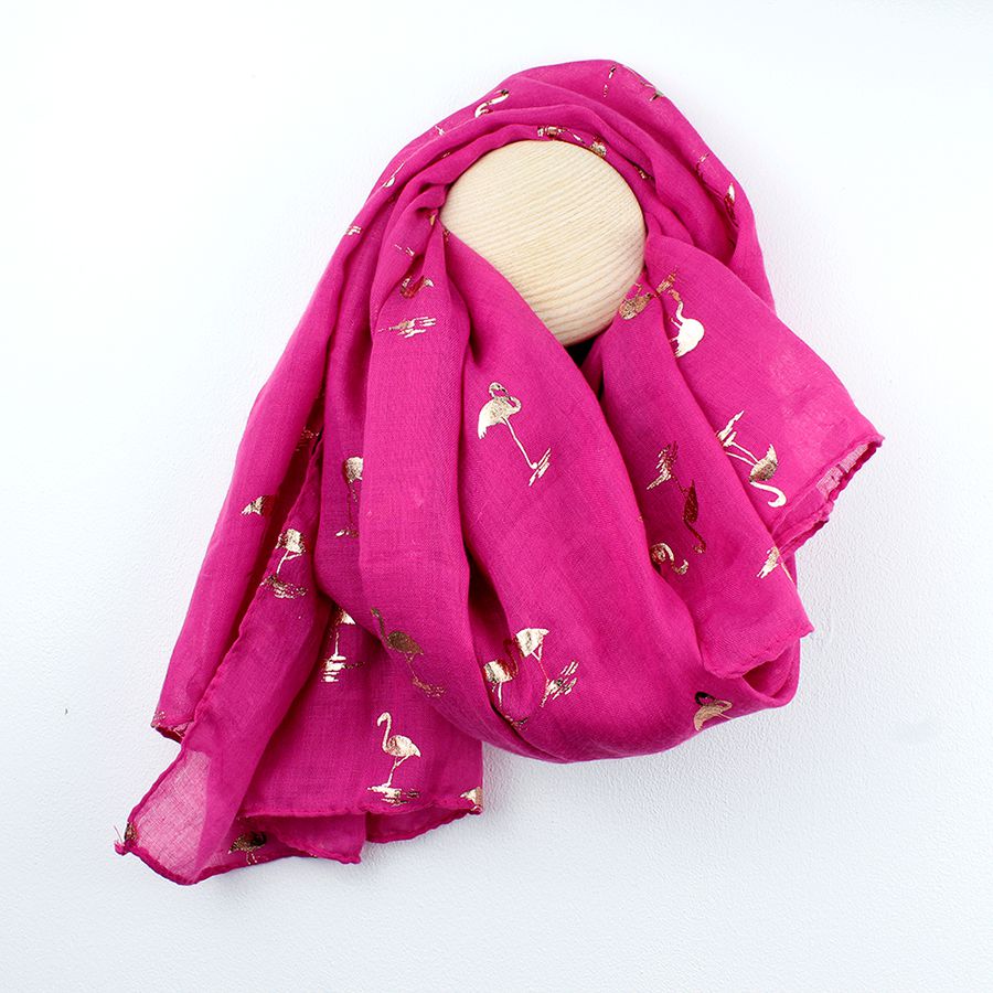 Vibrant pink scarf with metallic rose gold foil flamingo print