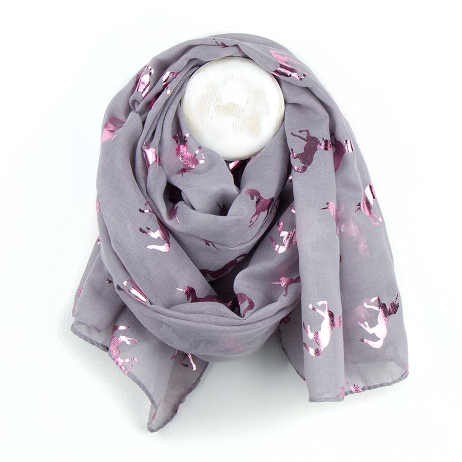 Gorgeous grey scarf with metallic pink foil unicorn print