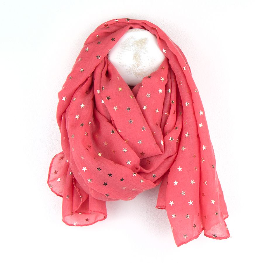 Gorgeous coral scarf with metallic rose gold foil mini star print