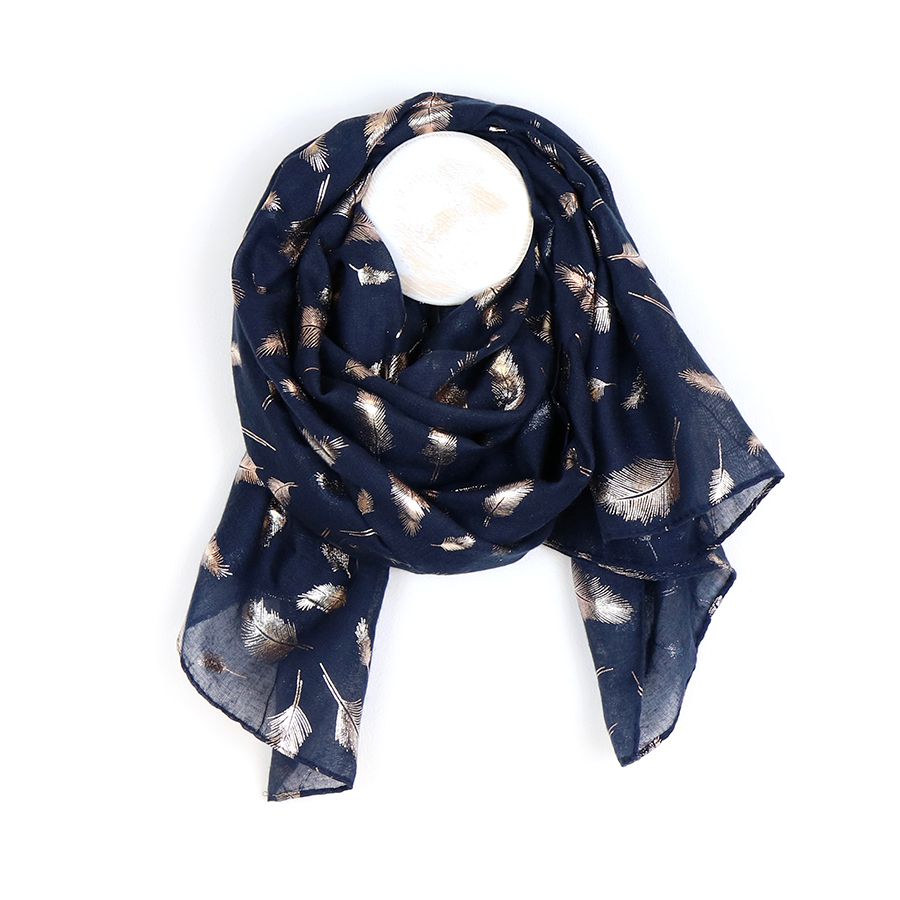 Delicate dark blue scarf with metallic rose gold foil feather print