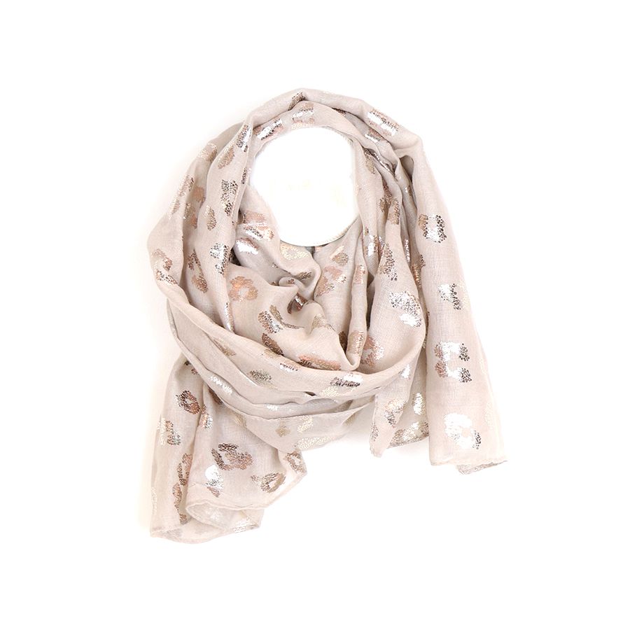 Fabulous natural coloured scarf with metallic rose gold foil leopard print