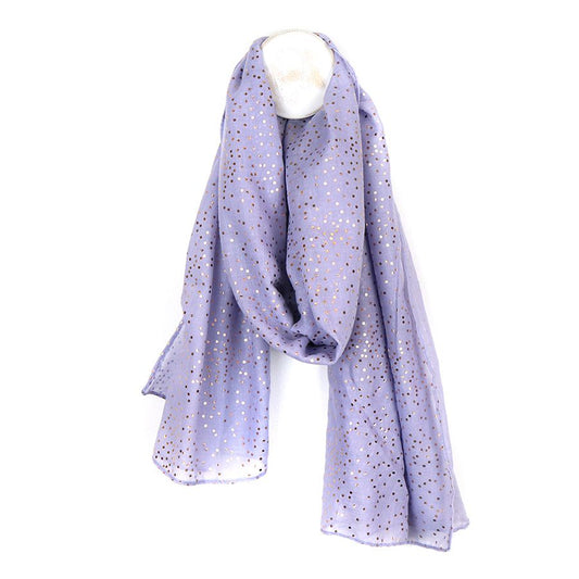Lilac purple coloured scarf with metallic rose gold foil dotty spot print
