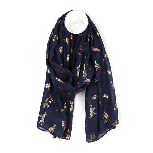 Dark blue grey scarf with metallic rose gold foil cat print