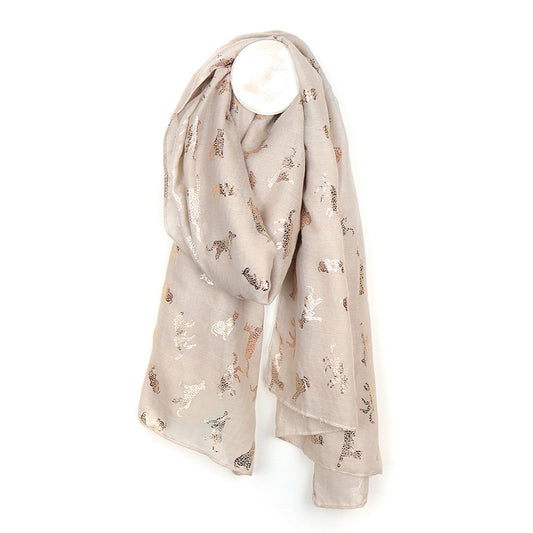 Natural coloured scarf with metallic rose gold foil cat print