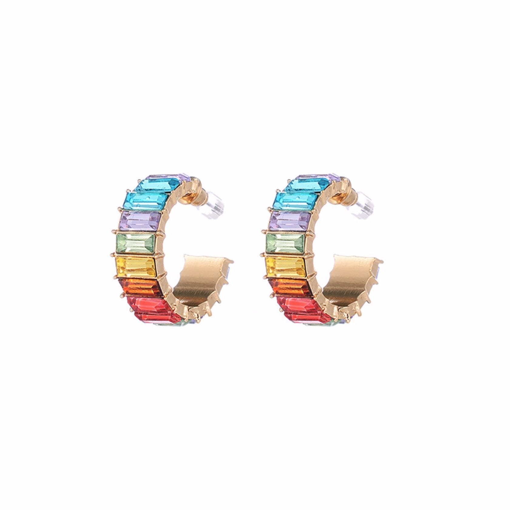 Dazzling rainbow gold tone hoop earrings with multi-colour diamante crystal inlays.