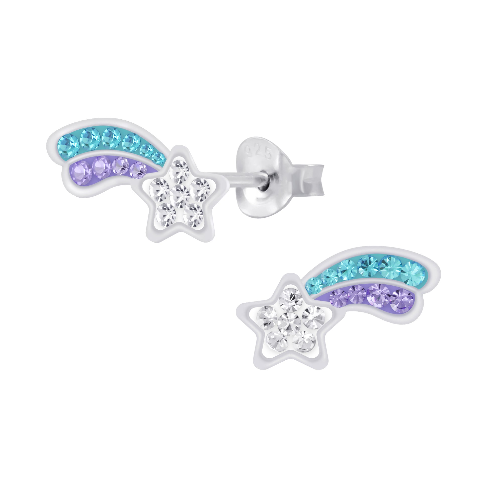 Shooting star sterling silver earrings with  turquoise blue and lilac purple crystals 