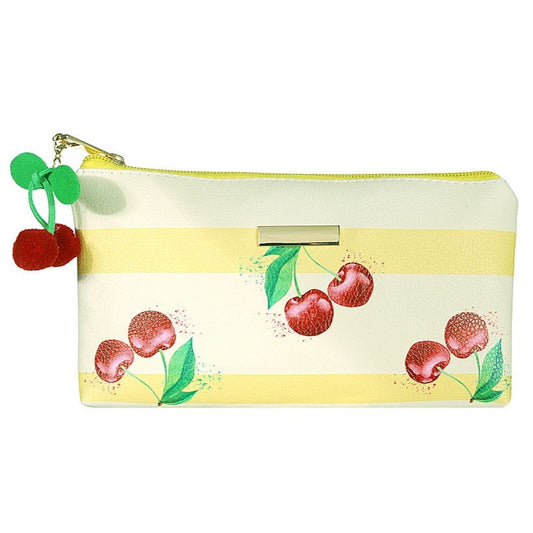 Yellow stripe make up bag with cherry detail