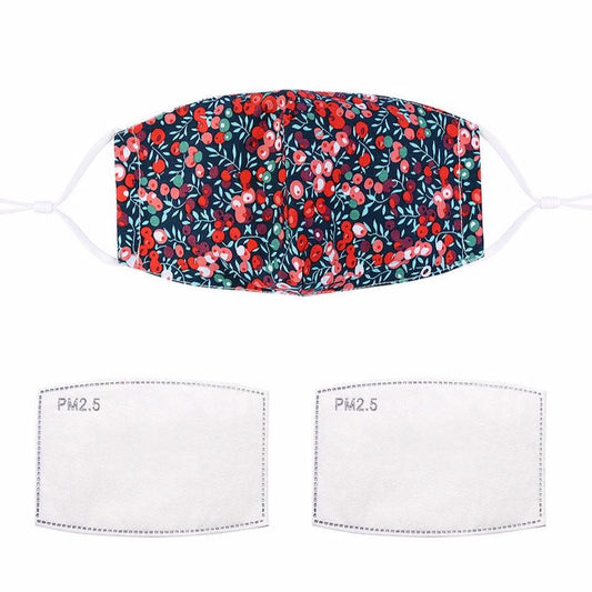 Fashionable face mask with a black and redcurrant printed fabric design.