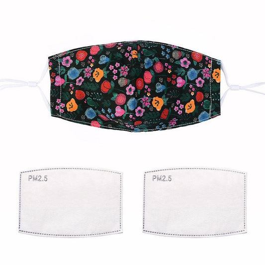 Fashionable face mask with a dark multi-floral printed fabric design.