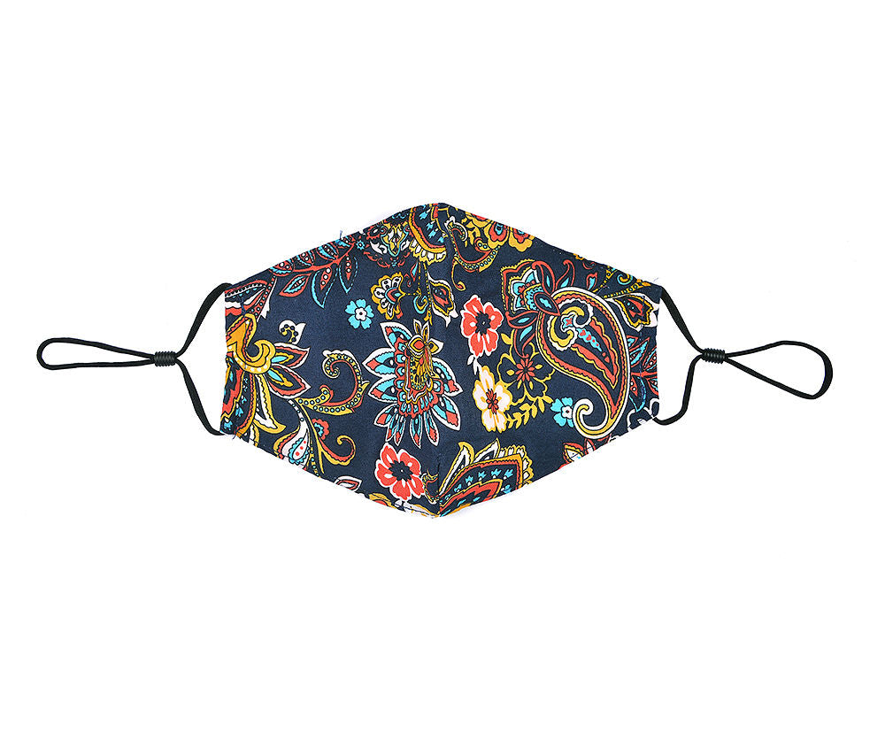 Fashionable face mask with a navy and vibrant floral printed fabric design.