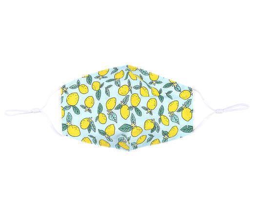 Fashionable face mask with a sunny lemon printed fabric design on a sky blue background.