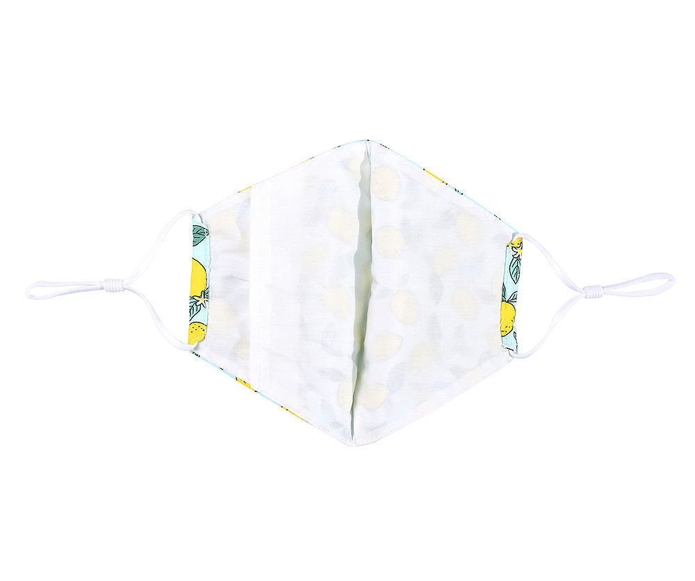 Inside of face mask with a sunny lemon printed fabric design on a sky blue background.