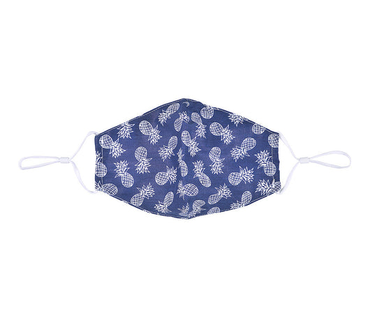 Fashionable face mask with a fun pineapple printed fabric design on a dark navy background.