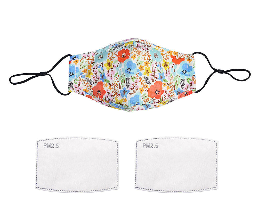 Fashionable face mask with a red and blue poppy printed fabric design.