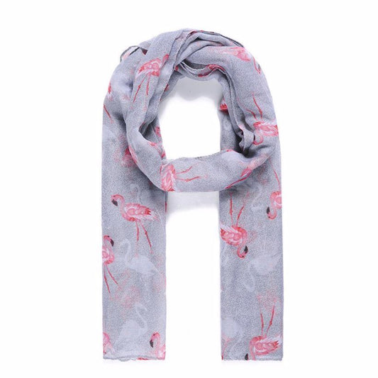 A lightweight grey scarf printed with a fabulous pink flamingo design by Catherine Lansfield.