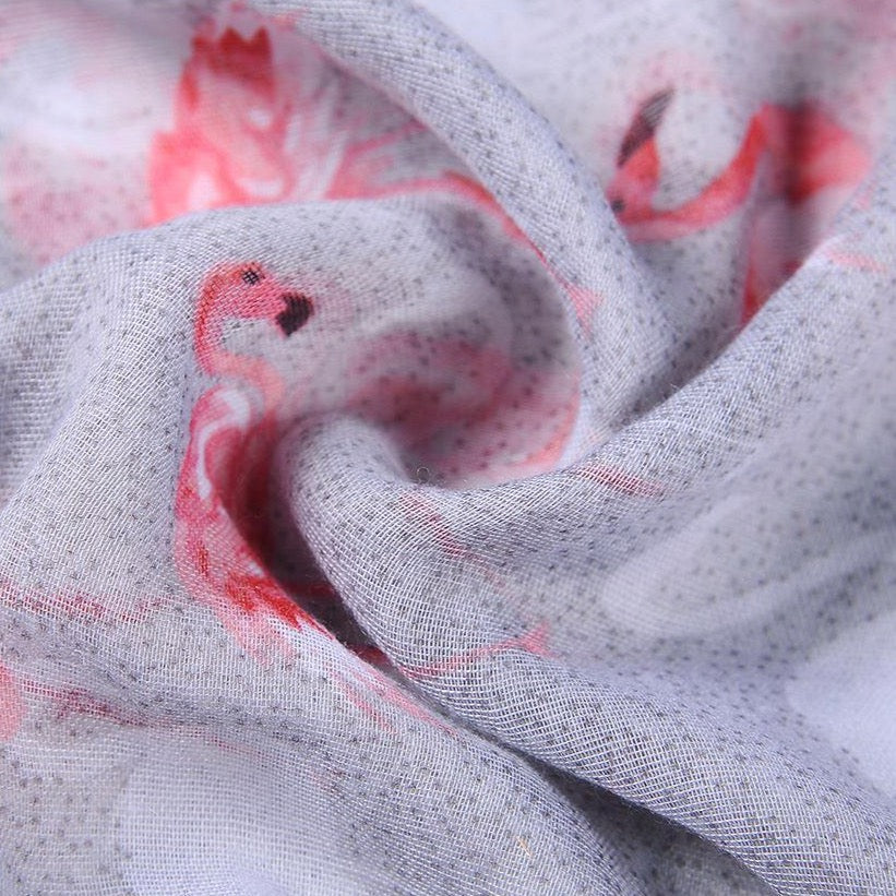 Close up of grey flamingo print scarf