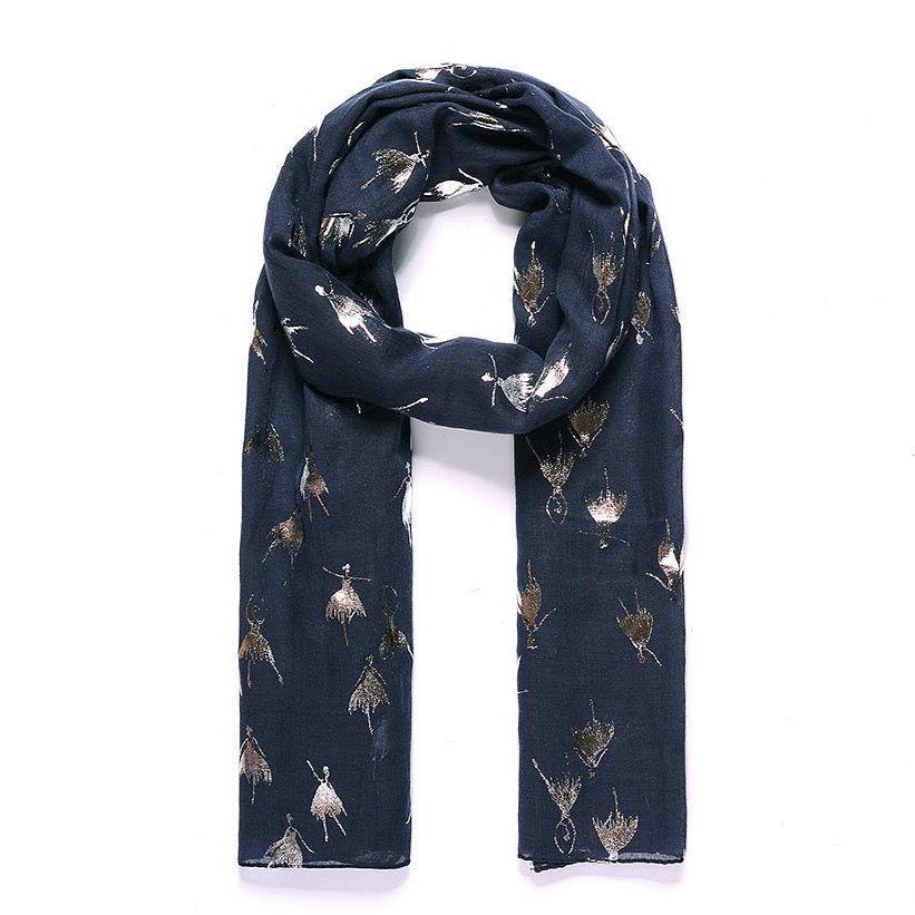 Pretty navy blue scarf with a with metallic silver foil ballerina dancer print
