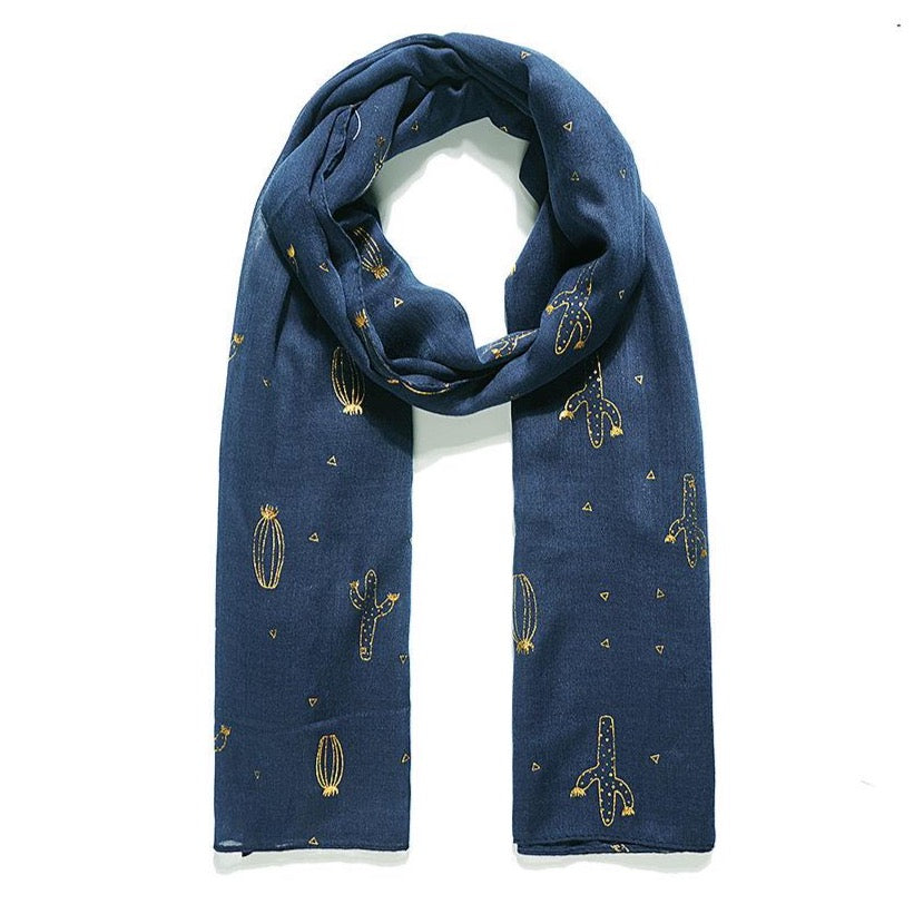 Navy blue cactus design printed scarf