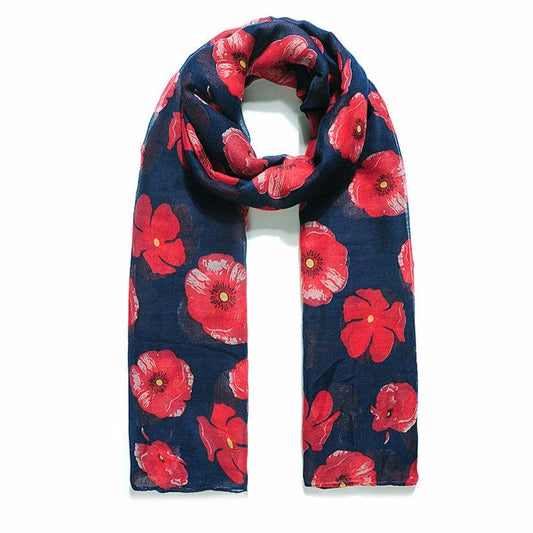 A beautiful navy scarf printed with a vibrant red poppy design.