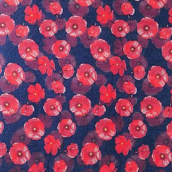Pretty red poppy printed scarf in navy 