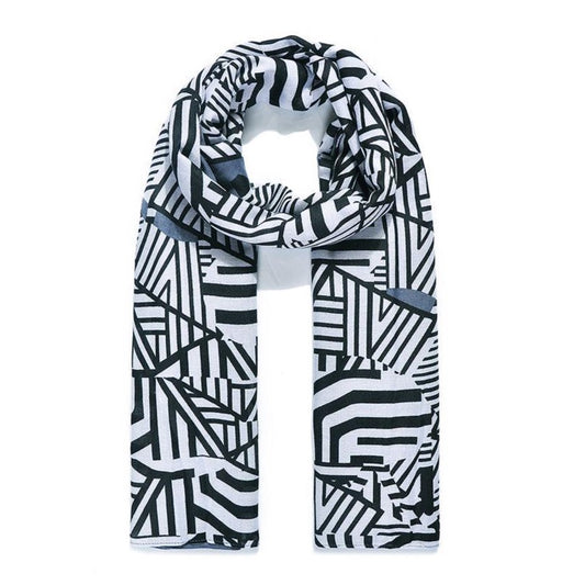 A grey, black and white striking zebra and block design scarf