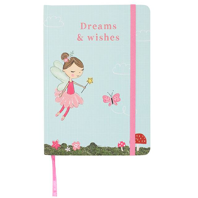 A5 hard cover notebook in blue with fairy design and slogan: Dreams and Wishes