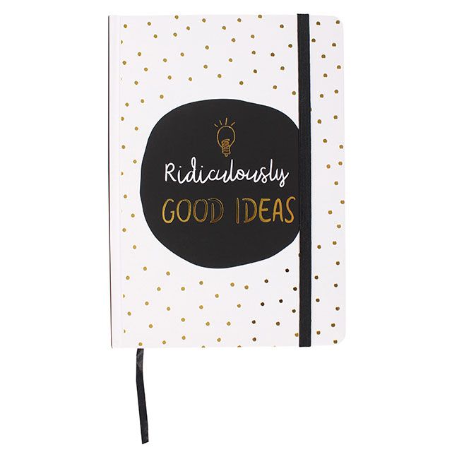 A5 hard cover notebook with monochrome and gold design and slogan: Ridiculously Good Ideas