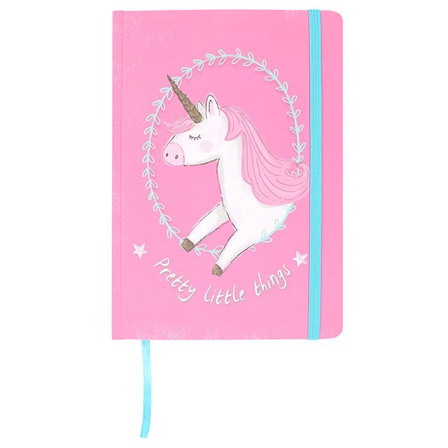 A5 hard cover notebook in pink with unicorn design and slogan: Pretty Little Things