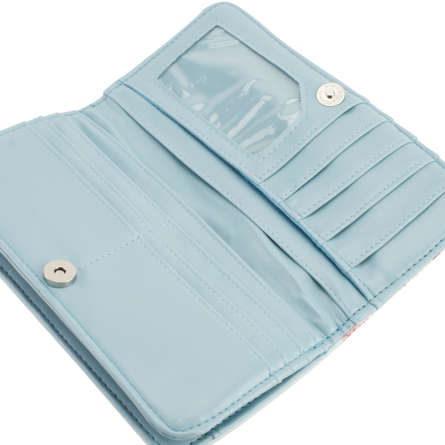 Blue purse interior with card slots and zipped coin area