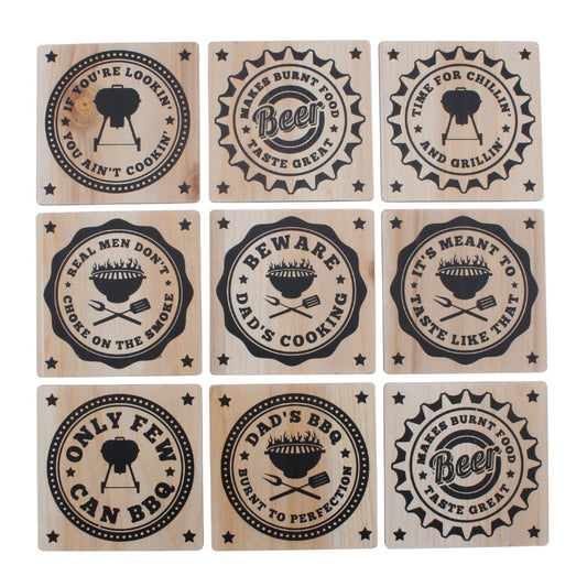 Wooden BBQ, Beer, Dad and Cooking Coasters in a choice of slogans
