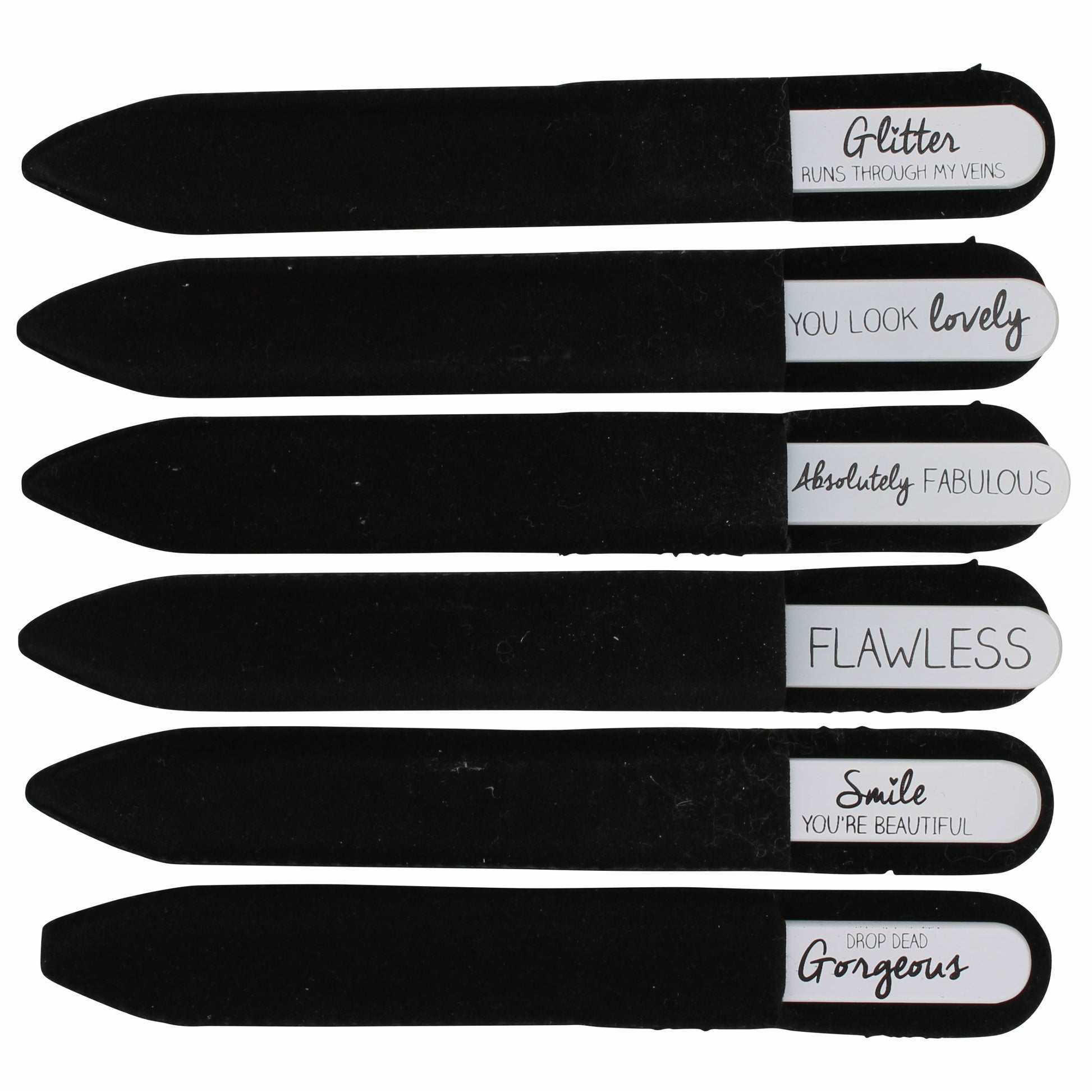 Glass nail file in black soft velvet pouch with choice of slogans