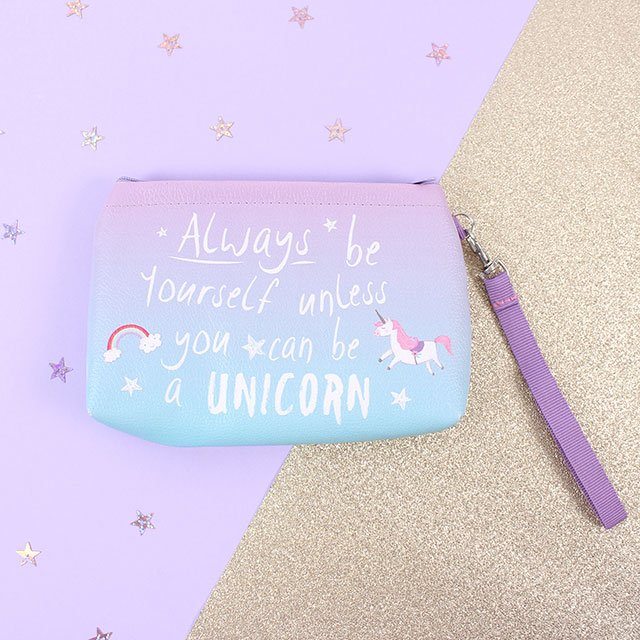 Blue and purple make up bag with unicorn image and slogan: Always be yourself unless you can be a unicorn