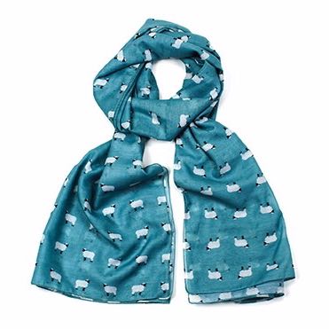 Turquoise sheep print scarf, finished with a rolled edge.
