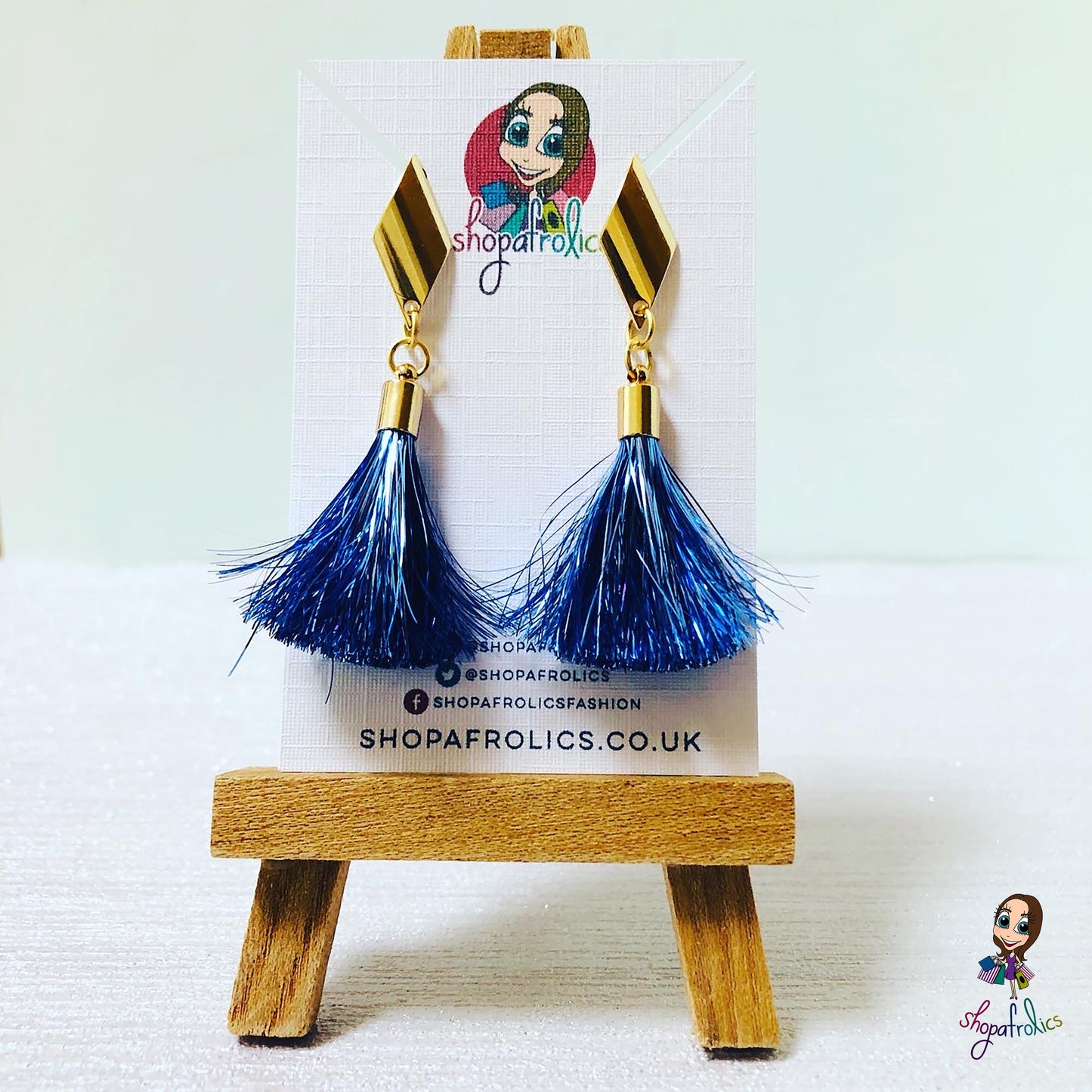 Handmade Blue Tinsel Tassel & Gold Rhombus Earrings