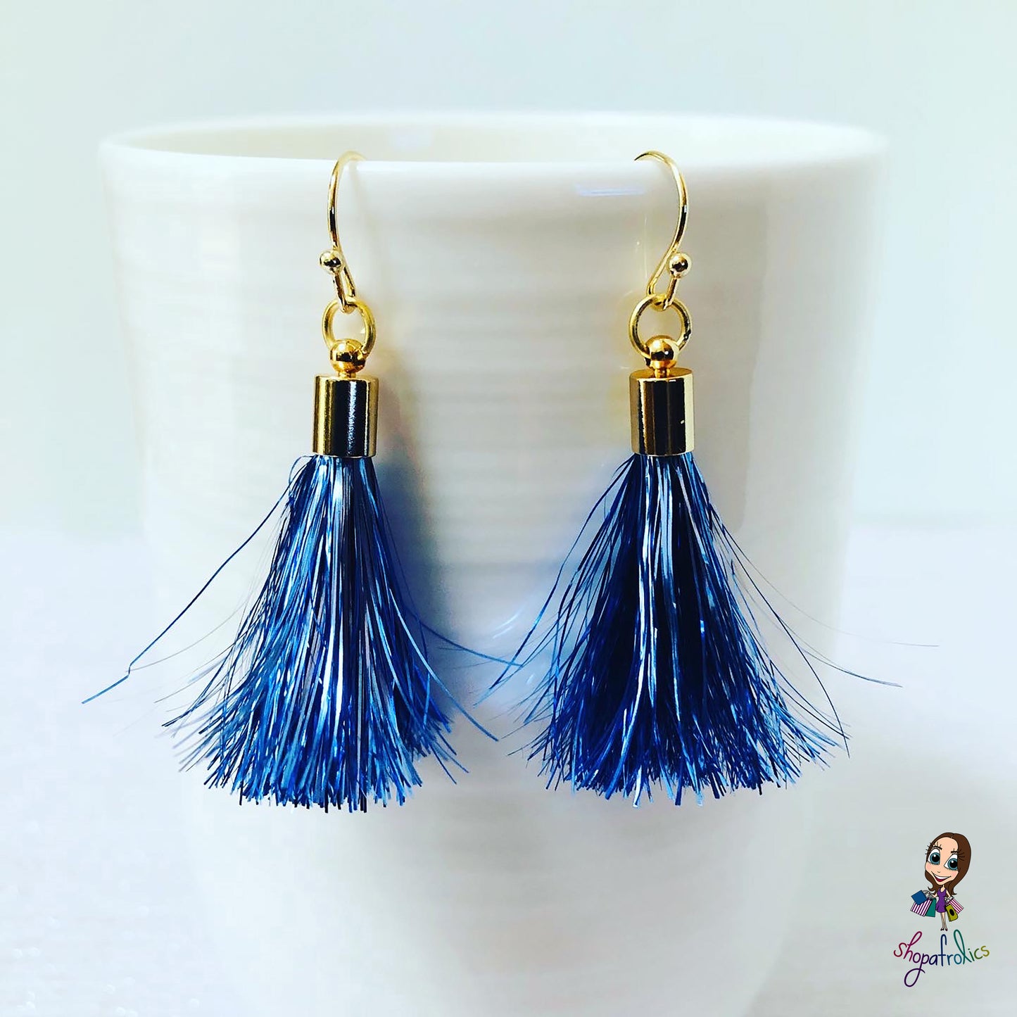 Powder Blue Tinsel Tassel Drop Earrings