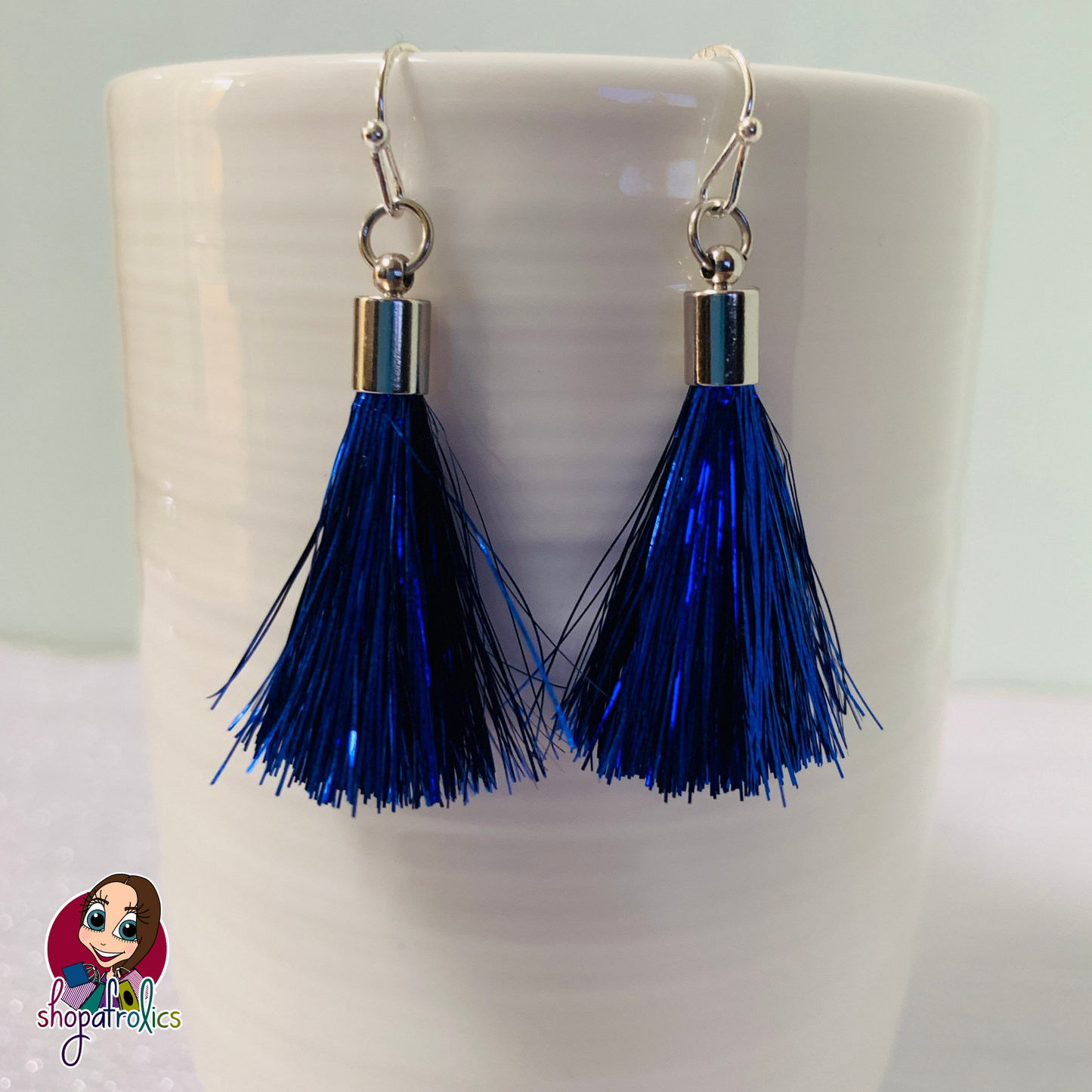 Blue and silver tinsel tassel earrings