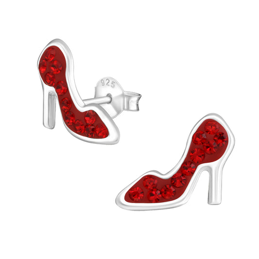Sparkling ruby slippers stud earrings with red crystals.