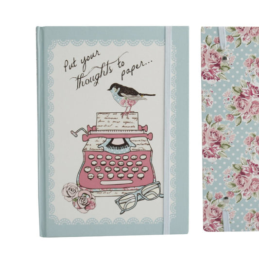 A5 hard cover notebook featuring vintage style typewriter and bird cover featuring the words Put Your Thoughts To Paper.