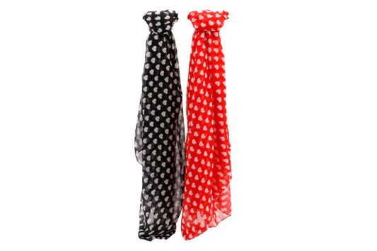 Pretty heart print scarf in a choice of red or black. 