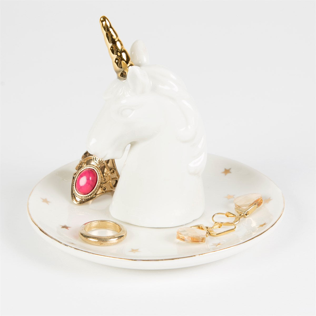 Gorgeous white unicorn head ceramic ring dish / trinket dish on a white star bowl.