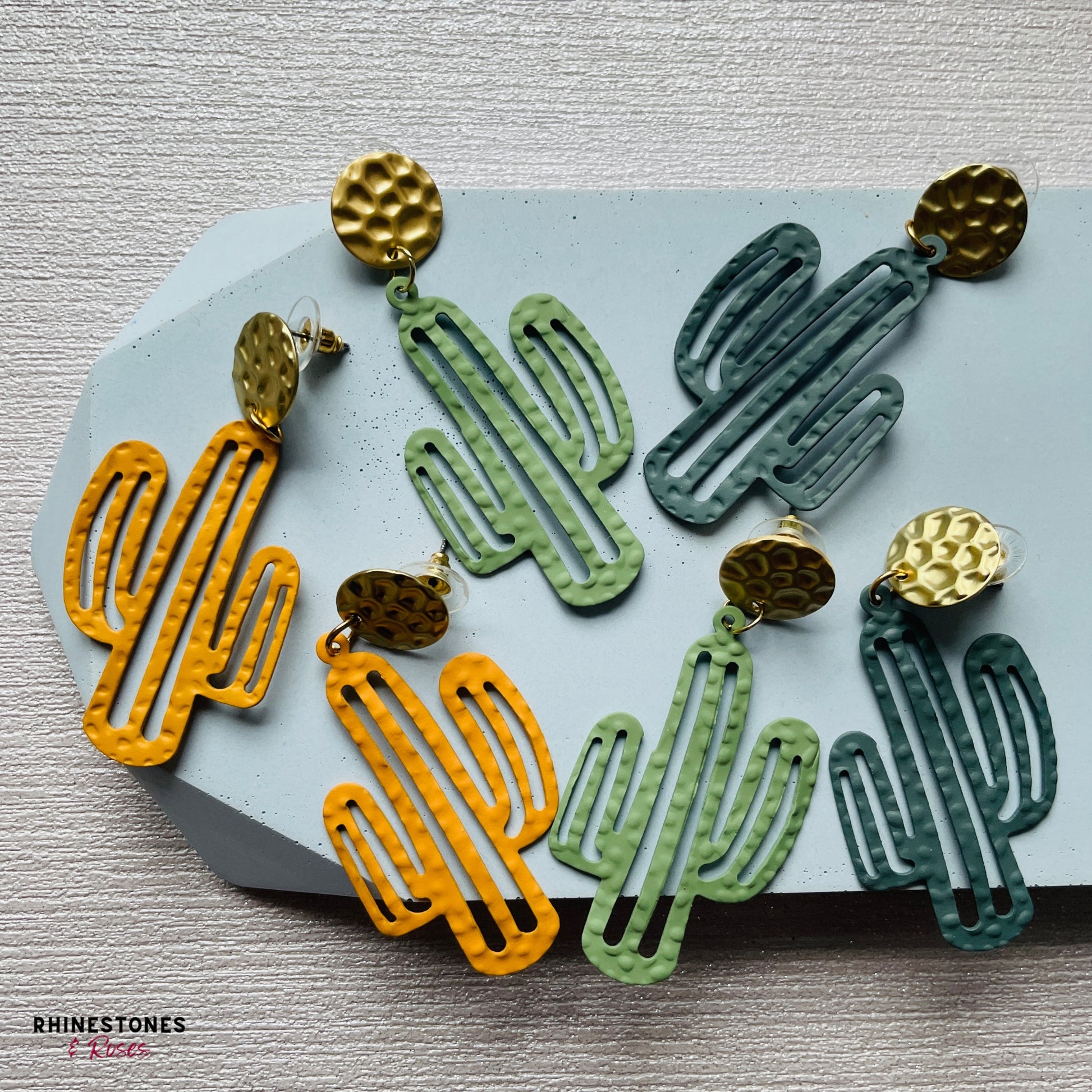 Cute hammered metal cactus earrings in choice of three colours