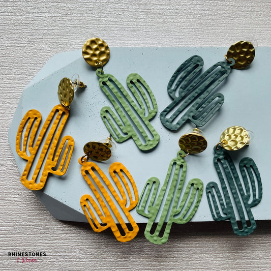 Cute hammered metal cactus earrings in choice of three colours