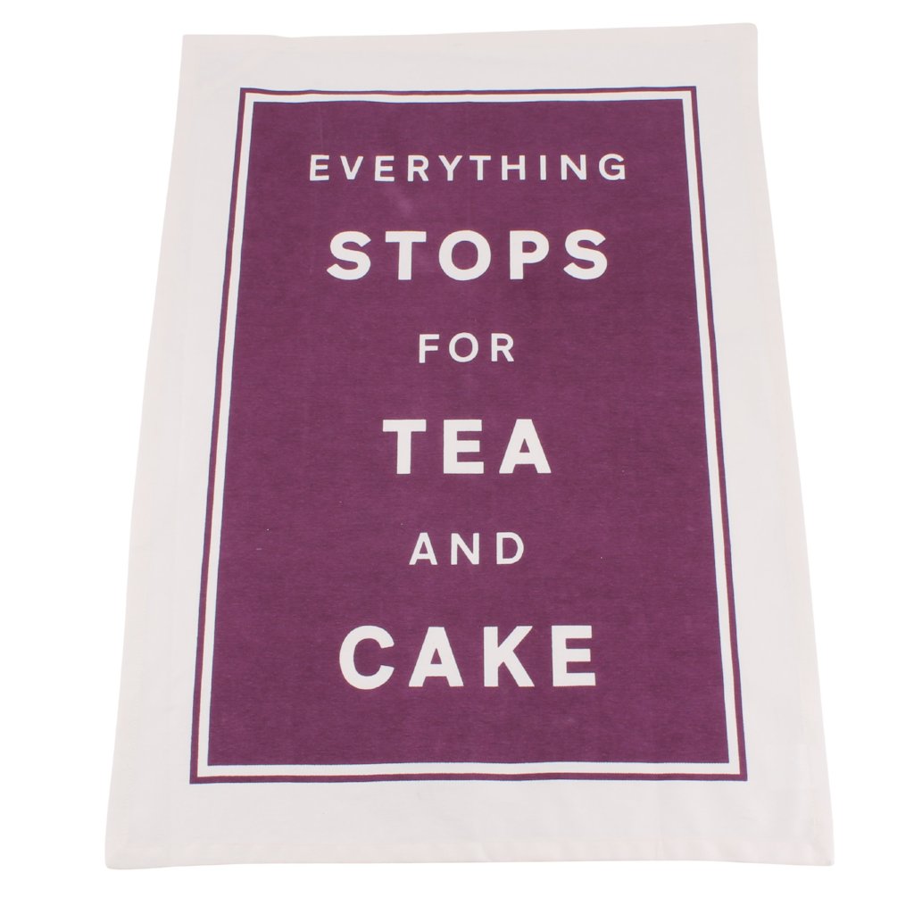 Vibrant purple tea towel featuring the slogan: Everything Stops For Tea and Cake 